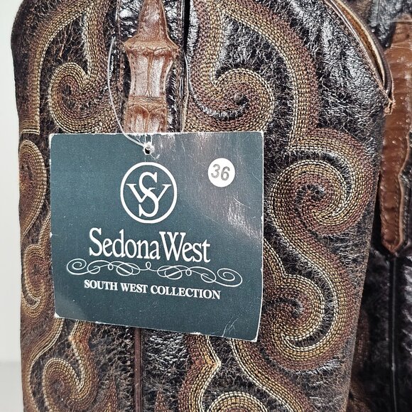 Sedona West Mens Cowboy Boots Leather Crocodile Print Cognac Brown Mens 7.5D NWT - Picture 4 of 14